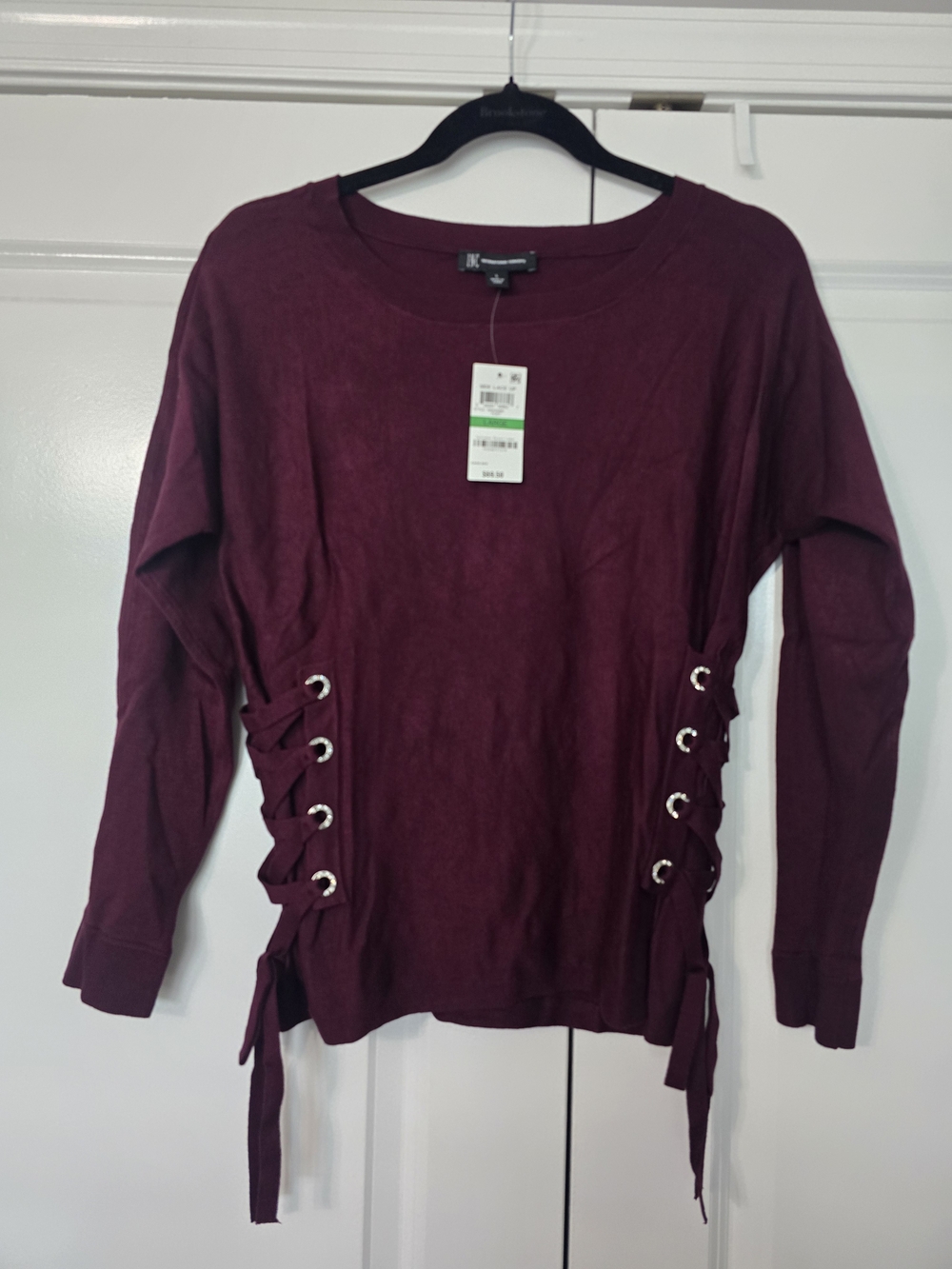 INC Wine Lace-Up Side Knit Pullover